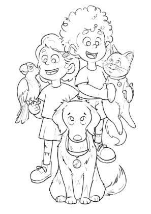 Desenho da capa com fundo branco e linhas pretas para imprimir e pintar.