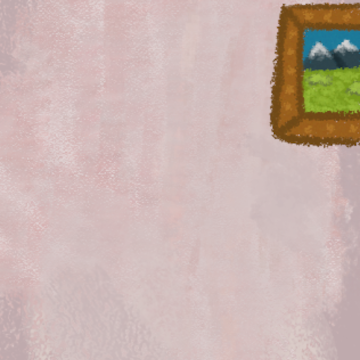 Desenho de uma parede com um quadro pendurado. Nele, há uma imagem de paisagem com um gramado e montanhas ao fundo.