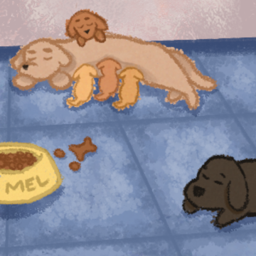 Desenho da mãe do Toby deitada no chão e amamentando três filhotinhos. Toby está deitado no primeiro plano. Ele é um cachorrinho preto.