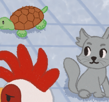 Desenho de uma tartaruga, um gato e um galo.