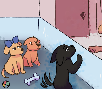 Desenho de Toby e dois irmãos em um cercado olhando para a menina e sua mãe.