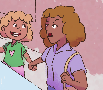 Desenho da menina de mãos dadas com a mãe. A menina aponta para os filhotinhos no cercado.