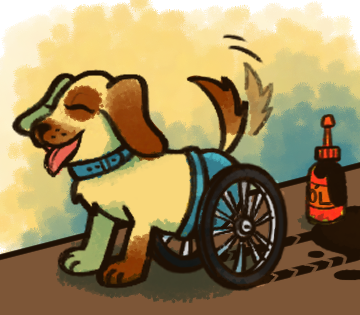 Desenho da cachorrinha Lucy com um andador feito com rodas de bicicleta infantil.