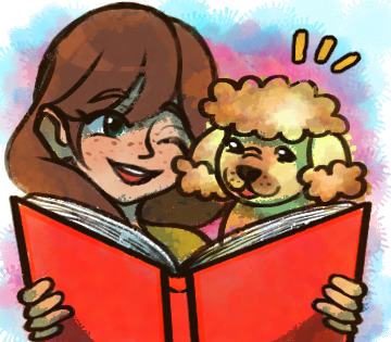 Desenho da menina Clara Lendo um livro com a capa vermelho para o cachorrinho Bento.