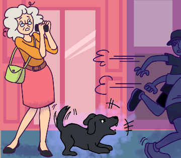 Desenho de uma mulher segurando um celular. Toby espanta dois jovens.
