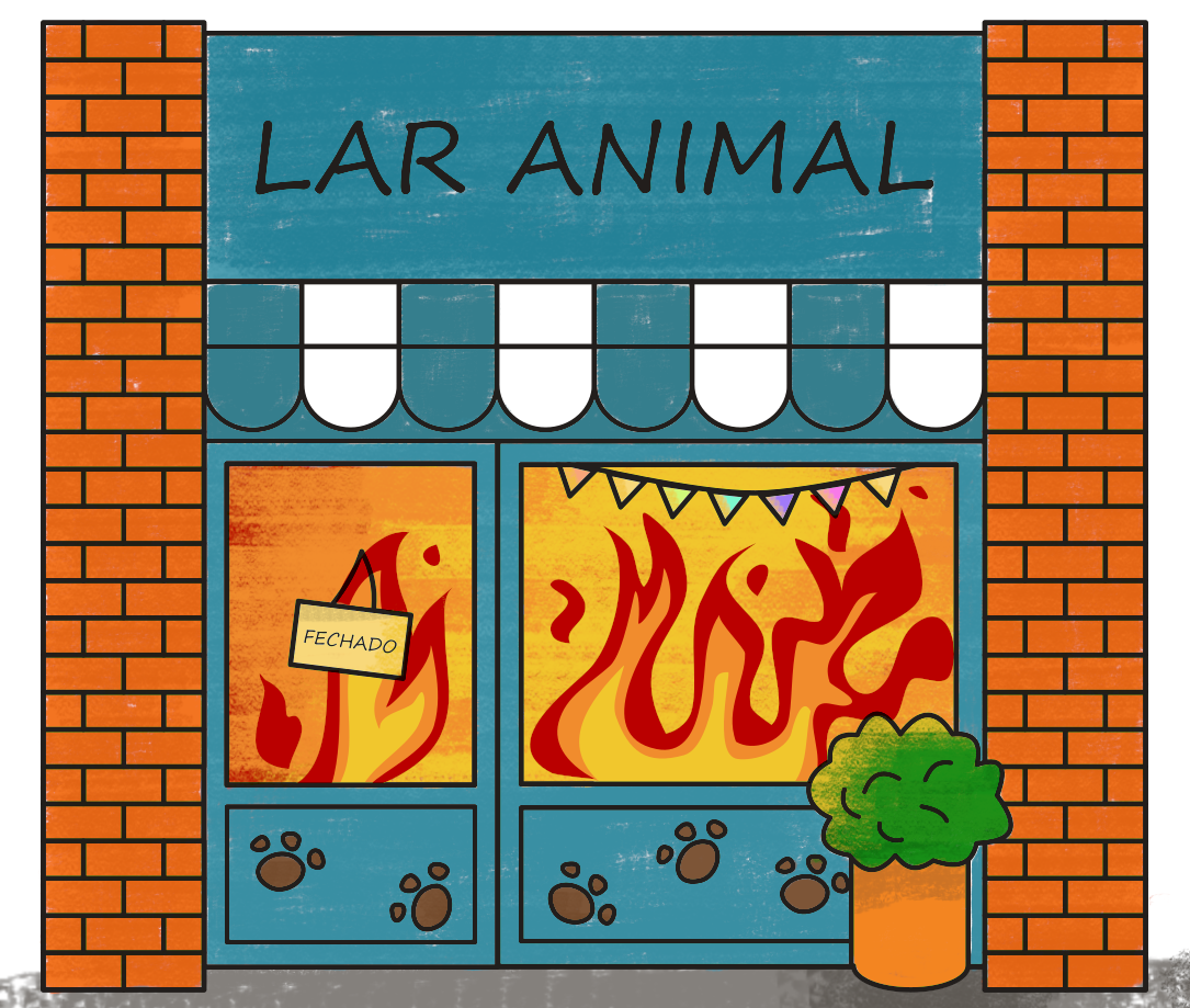 Desenho do abrigo Lar Animal. Vemos o fogo se alastrando através das janelas de vidro e da porta com uma abertura em vidro.