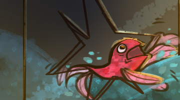 Desenho de um aquário quebrado. Por essa rachadura, a água está vazando e o peixe está escapando.