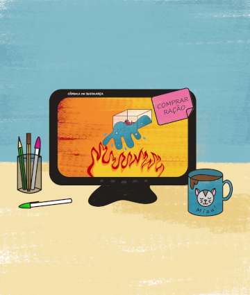 Desenho de um computador mostrando a filmagem da câmera de segurança. Podemos ver na filmagem o aquário sendo jogado contra o fogo.