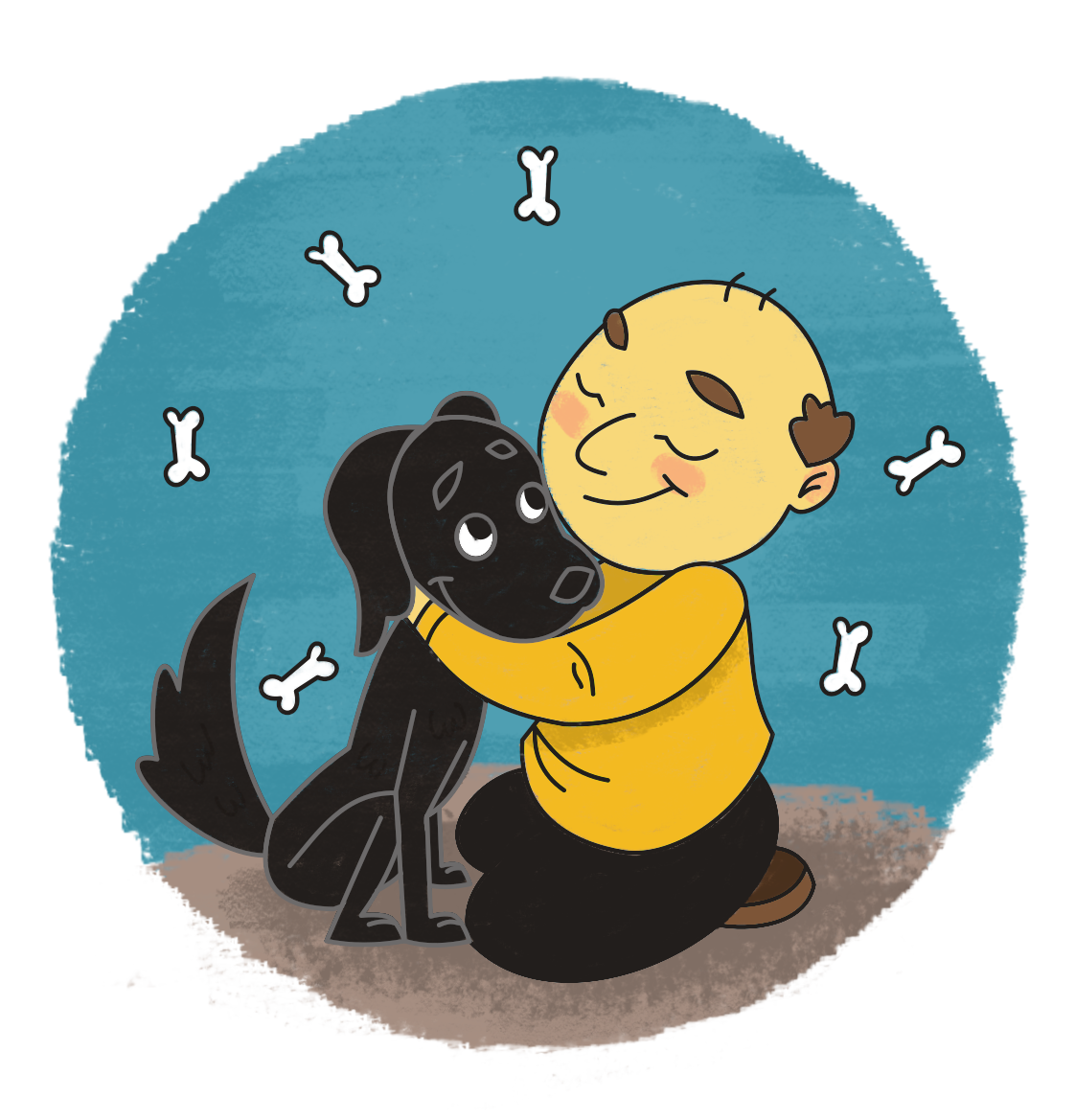Desenho do dono do abrigo Lar Animal sentado no chão e abraçando o cachorrinho Toby.