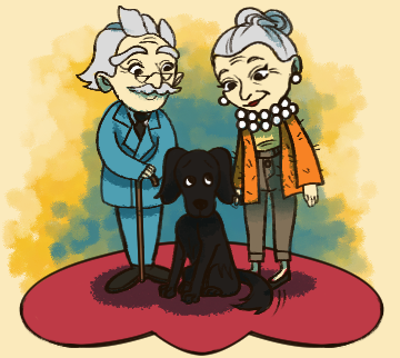 Desenho de um casal em pé olhando para Toby sentado no chão.