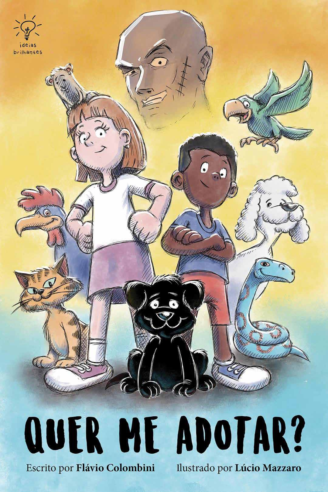 Desenho da capa original do livro ‘Quer me adotar?’. No desenho, vemos Toby em primeiro plano, duas crianças com os animais do abrigo e um vilão no fundo.